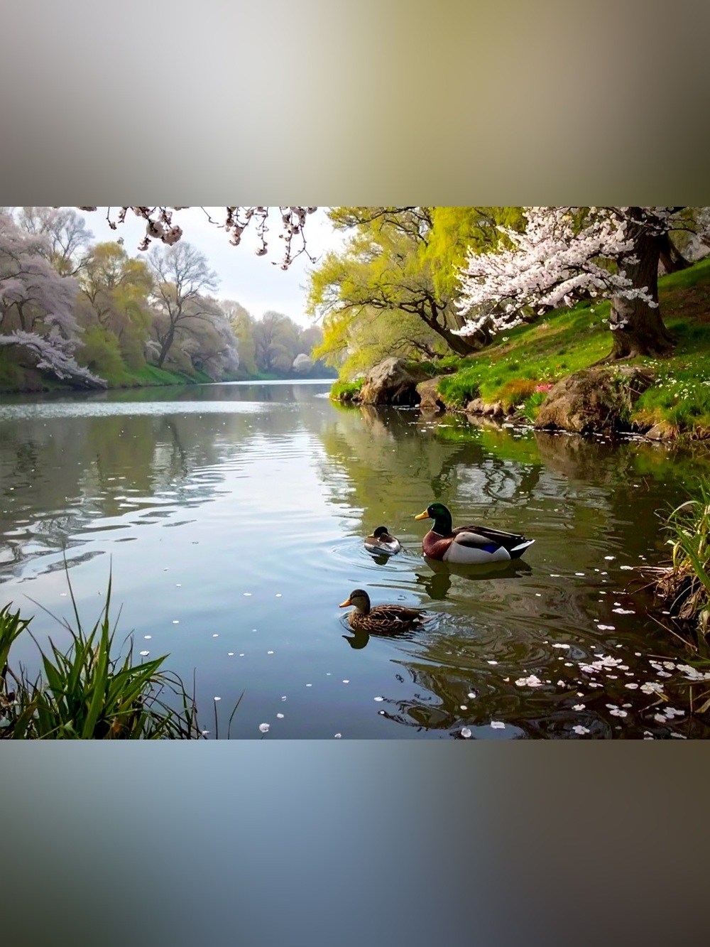 Serene Spring Ducks Photography Print - Green & Pink